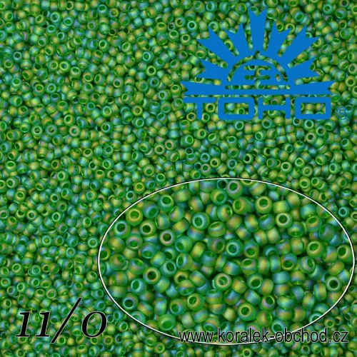 Korálky TOHO tvar ROUND (kulaté). Velikost 11/0. Barva č. 167BF-Trans-Rainbow-Frosted Grass Green . Balení 8g.