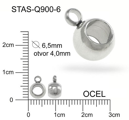 Korálek s OČKEM  CHIRURGICKÁ OCEL ozn.-STAS-Q900-6. velikost pr.6,5mm (korálek) otvor v korálku 4,0mm.