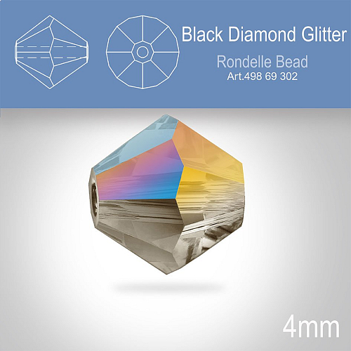 PRECIOSA Bicone MC BEAD (sluníčko) velikost 4mm. Barva BLACK DIAMOND GLITTER. Balení 30ks .