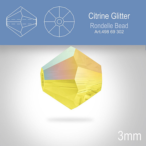 PRECIOSA Bicone (sluníčko) velikost 3mm. Barva CITRINE GLITTER. Balení 40ks