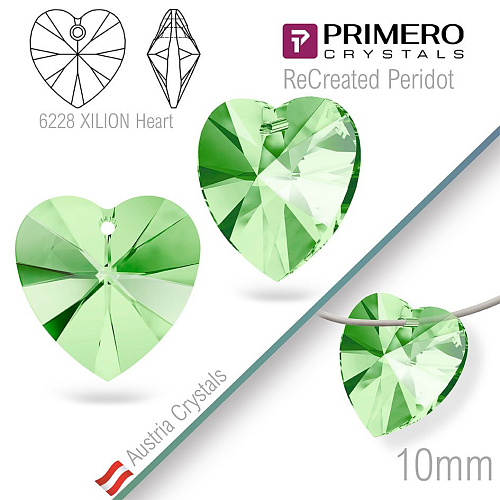 Korálky PRIMERO Crystals. Tvar 6228 XILION Heart. Barva ReCreated Peridot. Velikost 10mm