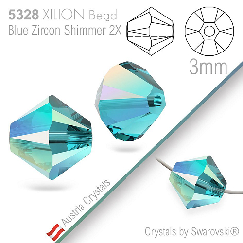 SWAROVSKI  XILION Bead  5328 barva Blue Zircon Shimmer 2X velikost 3mm. Balení 25Ks