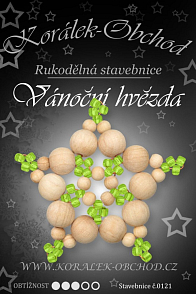 STAVEBNICE Vánoční HVĚZDY číslo 121. Stavebnice z dřevěných korálků v přírodní a zelené barvě obsahuje materiál na 3Ks VÁNOČNÍCH HVĚZD.