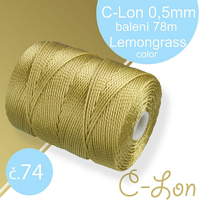 Nylonová nit C-Lon pevná korálková nit. Barva 74 Lemongrass. Síla nitě 0,5mm. Balení 78m na cívce.