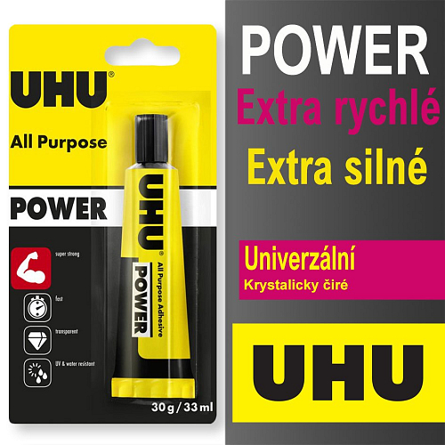 Lepidlo UHU univerzální lepidlo All Purpose Power Transparent. Balení 33ml.