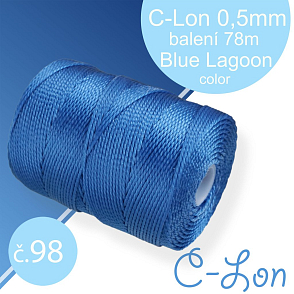 Nylonová nit C-Lon pevná korálková nit. Barva 98 Blue Lagoon. Síla nitě 0,5mm. Balení 78m na cívce.
