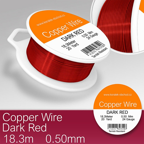 Drátek měděný velikost 0,5mm v délce 18m . Barva DARK RED