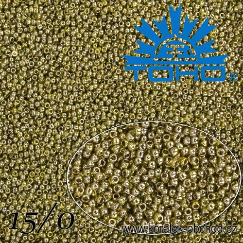 Korálky TOHO tvar ROUND (kulaté). Velikost 15/0. Barva č. 457-Gold-Lustered Green Tea . Balení 5g.