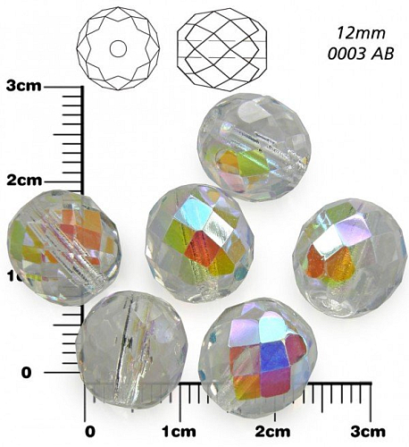 Korálky BROUŠENÉ 12mm. Barva 003 AB, Průhledná  s pokovem AB. Balení 8Ks.