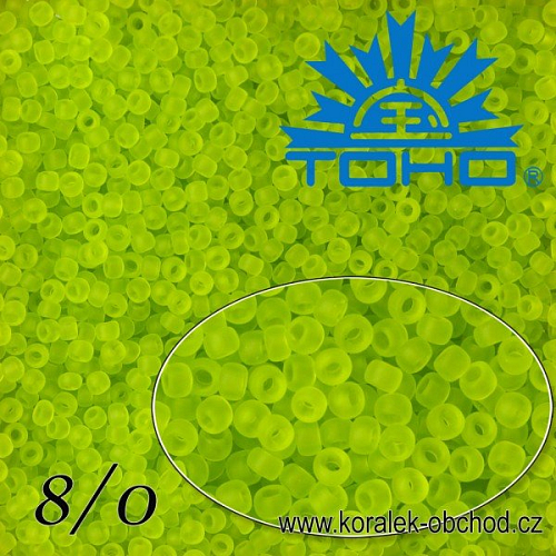 Korálky TOHO tvar ROUND (kulaté). Velikost 8/0. Barva č. 4F-Transparent-Frosted Lime Green . Balení 10g.