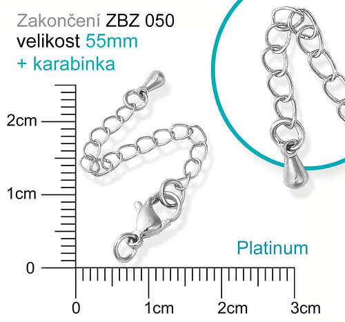 Zakončovací řetízek s KARABINKOU ozn. ZBZ 050. Barva (pokov) PLATINUM.