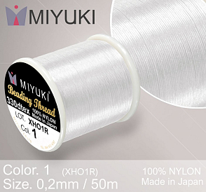Nylonová nit značky MIYUKI. Barva č. 1 White. Materiál 330DTEX (0,2mm). Balení 50m. 