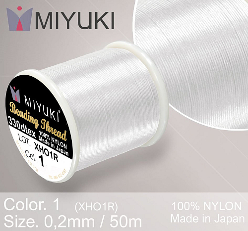 Nylonová nit značky MIYUKI. Barva č. 1 White. Materiál 330DTEX (0,2mm). Balení 50m.