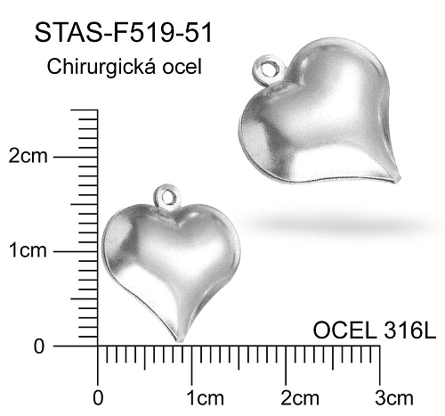 Přívěsek CHIRURGICKÁ OCEL ozn.-STAS-F519-51 tvar SRDCE 3D velikost 17x16mm.