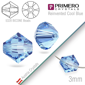 Korálky PRIMERO Crystals . Tvar 5328 Bicone BEADS. Barva Reinvented Cool Blue. Velikost 3mm balení-25Ks.