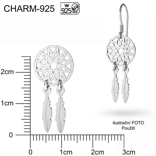 příivěsek  LAPAČ Snů CHARM 925. Velikost 28x13mm tl.0,5mm. Materiál Ag925. Váha 0,81g.