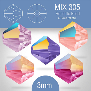 PRECIOSA Bicone (sluníčko) velikost 3mm. Barva MIX 305 Fuchsia Glitter, Rose Glitter, Rose Peach AB, Light Amethyst AB, Tanzanite AB. Balení 40ks (5X8ks)