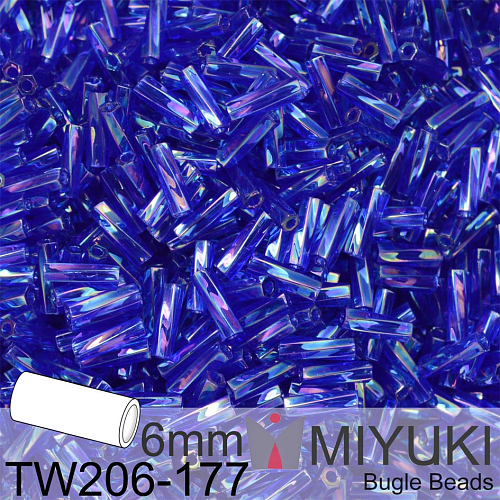 Korálky Miyuki Twisted Bugle 6mm. Barva TW206-177 Transparent Cobalt AB. Balení 10g.