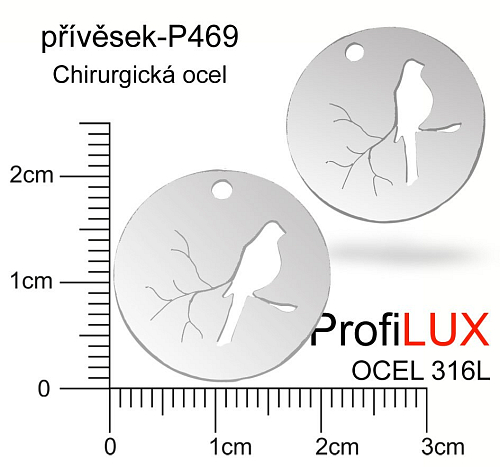 Přívěsek Chirurgická Ocel ozn-P469 medailon PTÁČEK velikost pr.20mm tl.1.0mm. Řada přívěsků ProfiLUX. 