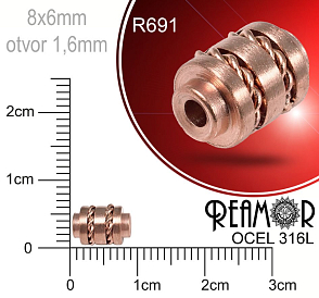Korálek tvarovaný Váleček s řetízkem Reamor CHIRURGICKÁ OCEL ozn.-R691. Velikost 8x5,5mm otvor 1,6mm. Barva COPPER (měděná).