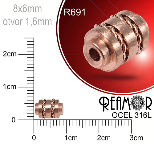 Korálek tvarovaný Váleček s řetízkem Reamor CHIRURGICKÁ OCEL ozn.-R691. Velikost 8x5,5mm otvor 1,6mm. Barva COPPER (měděná).