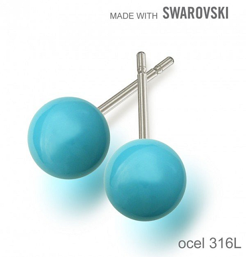 Náušnice sada Made with Swarovski 5818 Crystal Turquoise Pearl (001 709) 6mm+puzeta 316L