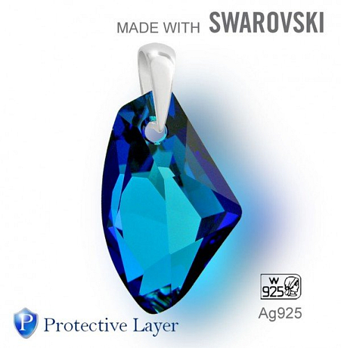 Přívěsek Made with Swarovski 6656 Crystal (001) Bermuda Blue (BB)+P 27mm+šlupna Ag925