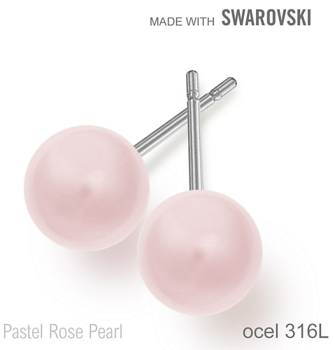 Náušnice sada Made with Swarovski 5818 Pastel Rose Pearl (001 944) 8mm+puzeta 316L