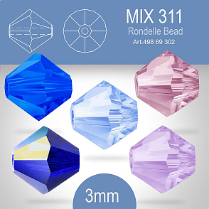 PRECIOSA Bicone (sluníčko) velikost 3mm. Barva MIX 311 Capri Blue, Cobalt Blue AB, Light Amethyst, Light Sapphire, Violet. Balení 40ks (5X8ks)