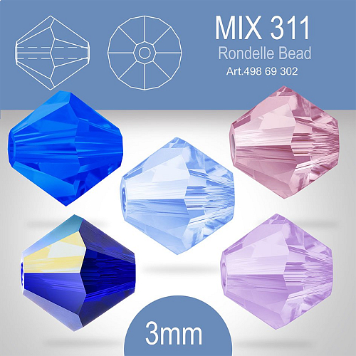 PRECIOSA Bicone (sluníčko) velikost 3mm. Barva MIX 311 Capri Blue, Cobalt Blue AB, Light Amethyst, Light Sapphire, Violet. Balení 40ks (5X8ks)