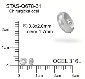 Korálek PLACKA CHIRURGICKÁ OCEL ozn.-STAS-Q678-31. Velikost pr.3,8x2,0mm otvor 1,7mm.