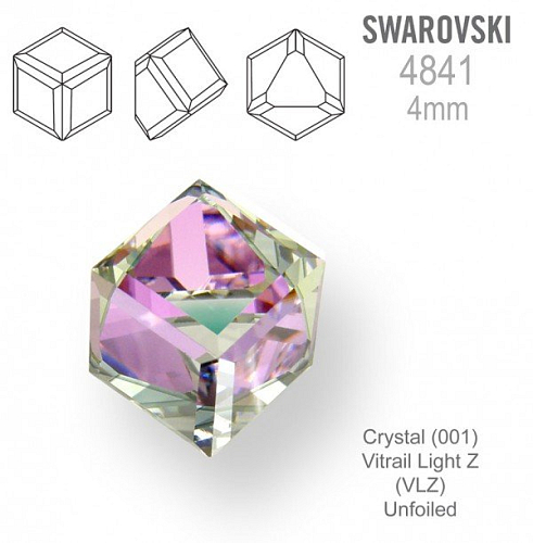 SWAROVSKI 4841 Angled Cube (zkosená kostka) barva Crystal (001) Vitrail Light Z (VLZ) velikost 4mm.