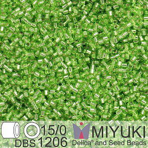 Korálky Miyuki Delica 15/0. Barva DBS 1206 Silverlined Lime. Balení 2g.