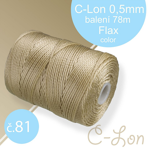 Nylonová nit C-Lon pevná korálková nit. Barva 81 Flax. Síla nitě 0,5mm. Balení 78m na cívce.
