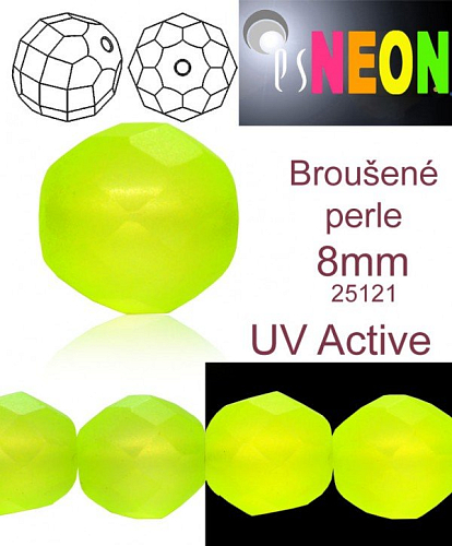 Korálky NEON (UV Active) BROUŠENÉ  velikost pr.8mm barva 25121 ŽLUTÁ mírně průhledná. Balení 15Ks. 