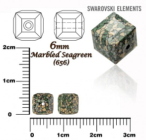SWAROVSKI CUBE Beads 5601/B KERAMICKÉ korálky barva MARBLED SEAGREEN velikost 6mm.
