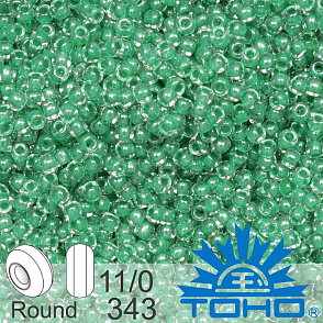 Korálky TOHO tvar ROUND (kulaté). Velikost 11/0. Barva č.343-Inside Color-Crystal/Apple Green. Balení 8g
