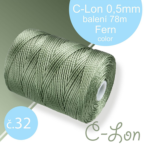 Nylonová nit C-Lon pevná korálková nit. Barva 32 Fern. Síla nitě 0,5mm. Balení 78m na cívce.