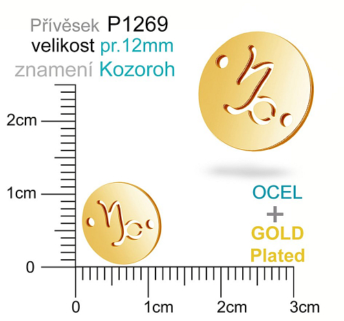 Přívěsek Ocel ozn-P1269 znamení KOZOROH 2x otvor velikost pr.12mm. Barva POZLACENO. Řada přívěsků ProfiLUX