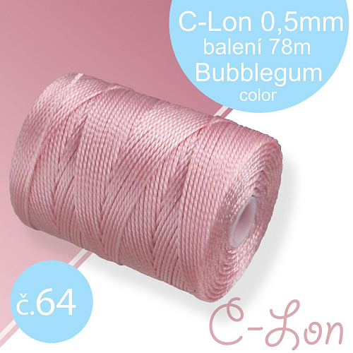 Nylonová nit C-Lon pevná korálková nit. Barva 64 Bubblegum. Síla nitě 0,5mm. Balení 78m na cívce.