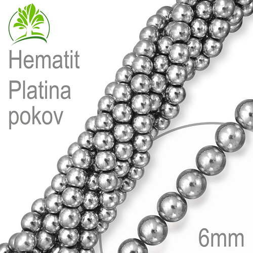 Korálky z minerálů Hematit Platina pokovený přírodní polodrahokam. Velikost pr.6mm. Balení 12Ks.