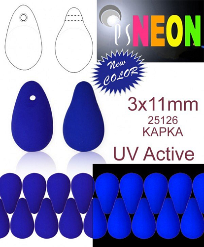 Korálky NEON (UV Active) KAPKA velikost 3 x11mm barva 25126 MODRÁ TMAVÁ. Balení 30Ks. 