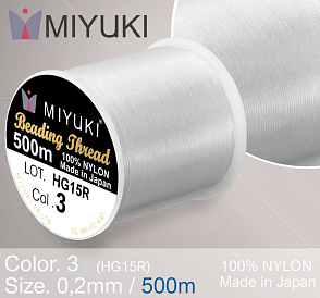 Nylonová nit značky MIYUKI. Barva č. 500-3 Silver. Materiál 330DTEX (0,2mm). Výhodné balení 500m.