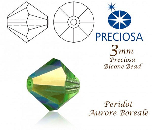 PRECIOSA Bicone (sluníčko) velikost 3mm. Barva PERIDOT Aurore Boreale. Balení 42ks .