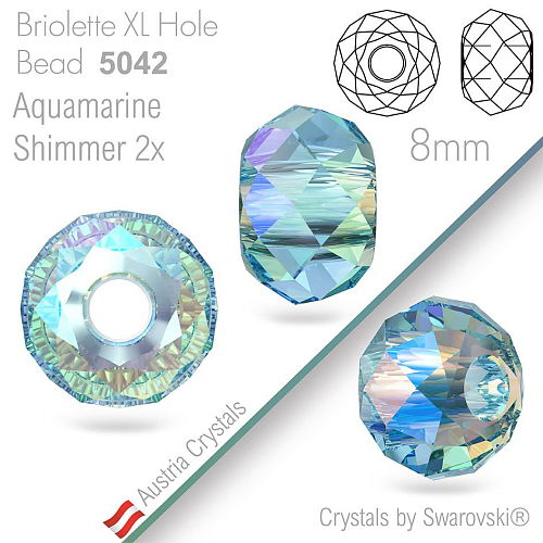SWAROVSKI Briolette XL Hole Bead 5042. Barva Aquamarine Shimmer 2X. Velikost pr.8x5,3 mm. Průtah 2,3 až 2,5 mm