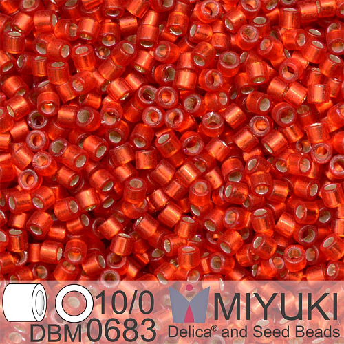 Korálky Miyuki Delica 10/0. Barva Dyed Semi-Frosted Silverlined Red Orange DBM0683. Balení 5g.