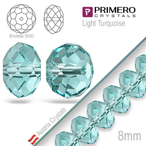 Korálky PRIMERO Crystals . Tvar 5040 Brilotette. Barva Light Turquoise. Velikost 8mm
