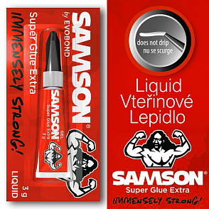 Vteřinové lepidlo SAMSON Super Glue EXtra LIQUID. Určené pro porézní a nerovné materiály,. Balení 3g.