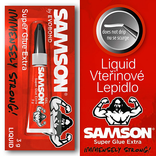 Vteřinové lepidlo SAMSON Super Glue EXtra LIQUID. Určené pro porézní a nerovné materiály,. Balení 3g.