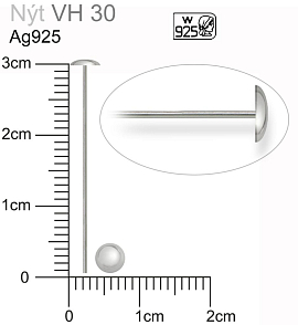 Ketlovací NÝT s velkou HLAVOU ozn. VH 30. Velikost hlavy 4,5mm síla drátu 0,8mm. Materiál AG925 váha 0,23g.